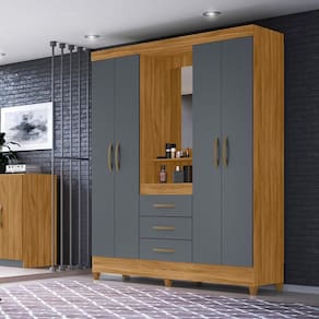 Guarda Roupa Casal 4 Portas Com Espelho 3 Gavetas Capri - Freijo / Cinza Freijo / Cinza