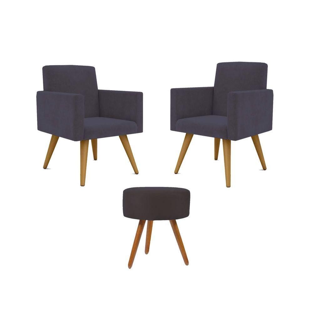 Kit 02 Poltronas Decorativas Pés Palito + 1 Puff Cor:cinza