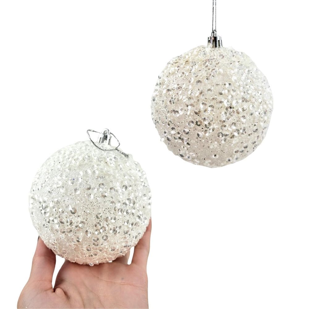 Kit 2 Bola De Natal Branca Decorada 10Cm Para Árvore Luxo