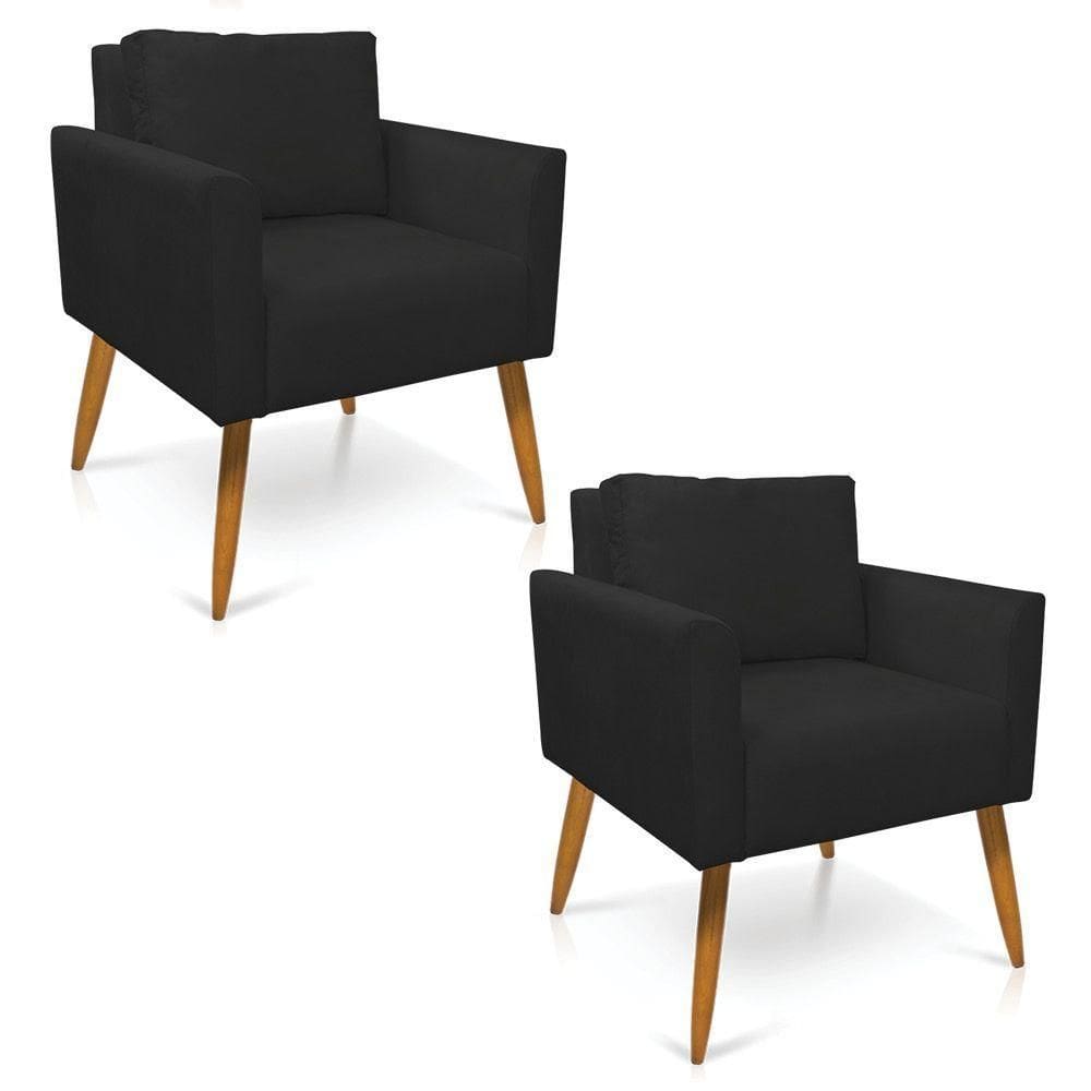 Kit 2 Poltronas Aline Suede Preto Pés Palito Castanho - D`rossi