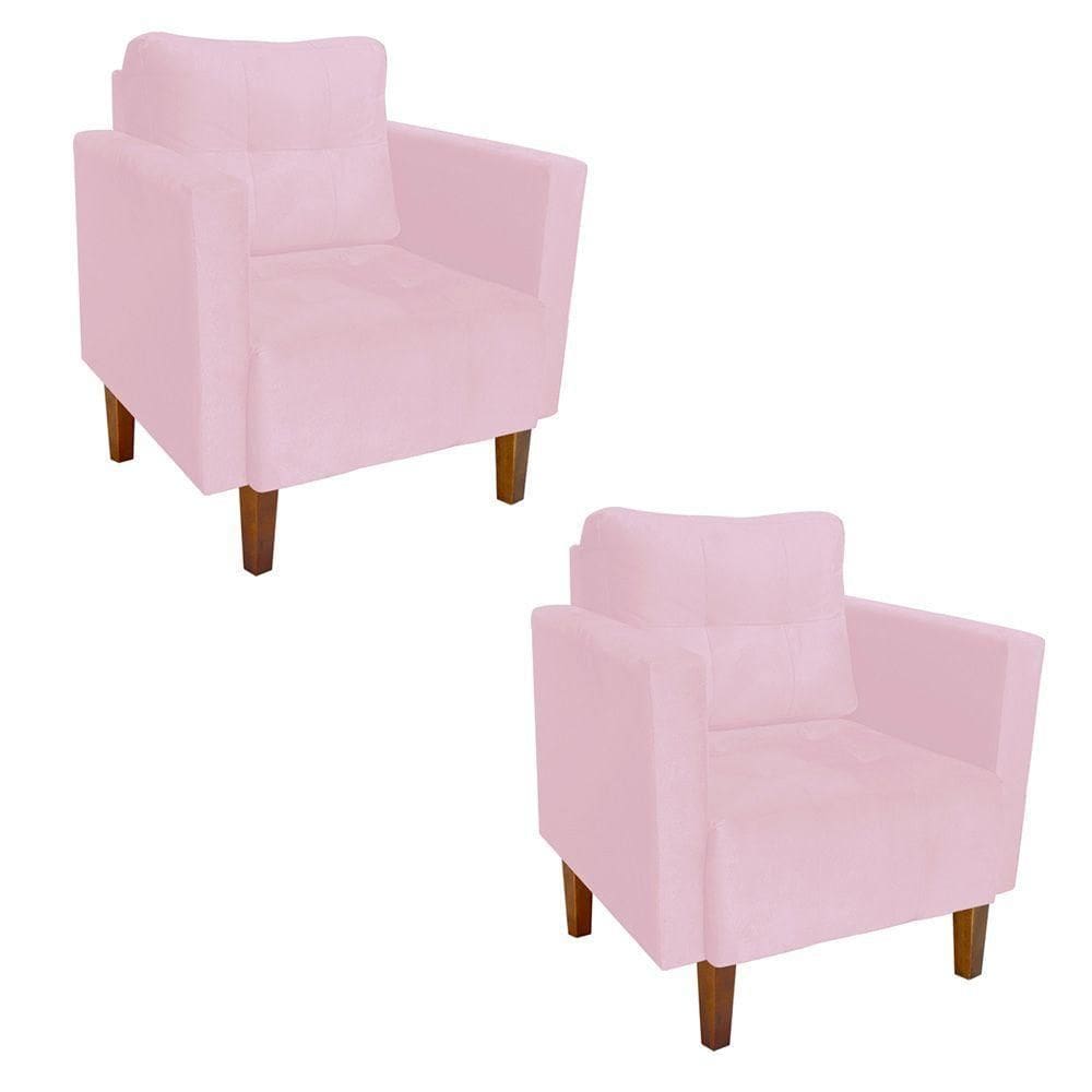 Kit 2 Poltronas Livia Suede Rosa Bebê Pés Chanfrado Castanho - D`rossi