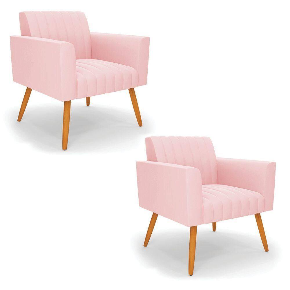 Kit 2 Poltronas Viena Gomada Suede Rosa Bebê Pés Palito Castanho - D`rossi