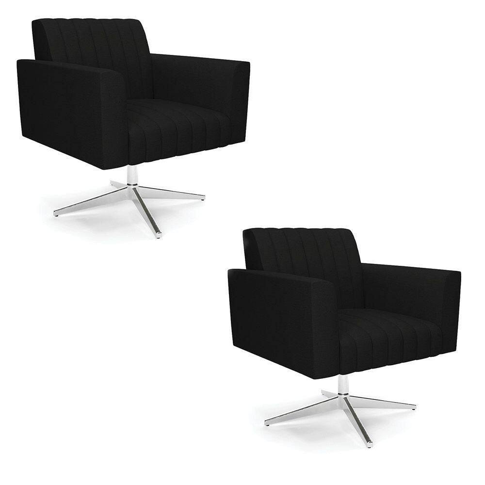 Kit 2 Poltronas Giratória Viena Gomada Linho Base Cromada - D`rossi Cor A79 Preto