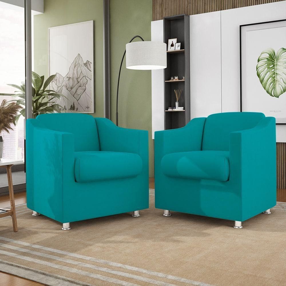 Kit 02 Poltronas Recepção Consultório Suede ? Balaqui Decor Cor:Azul Turquesa