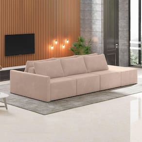 Sofá Ilha Modulado Milos 312cm Puff Lateral Veludo Rosê G33 - Gran Belo