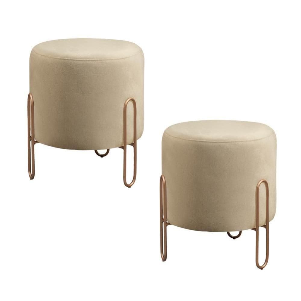 Conjunto - 2 Puffs Banqueta Mali Luxo Base Metálica Bronze Linho Bege