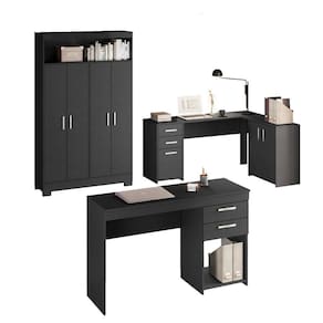 Conjunto Para Escritório 2 Mesas E 1 Armário Multiuso 4 Portas Preto Tx Notável Móveis Preto Tx