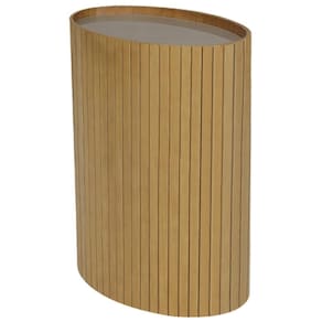Mesa De Apoio Lateral Oval Tampo Vidro Glow Madeira Amendoa Nacc Amendoa