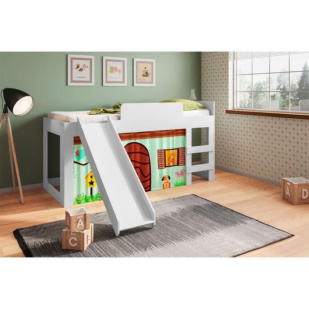 Cama Infantil com Escorregador e Cortina Diversão Branco