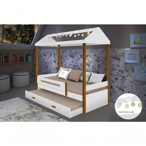 Cama Casa Sara Branco/Mel Com Cordão De Luzes Led E Cama Auxiliar Com 2 Colchões