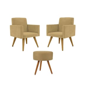 Kit 02 Poltronas Decorativas + Puff Decorativo Redondo Sala Cor:capuccino