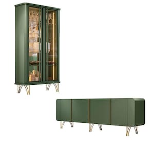 Conjunto Cristaleira Buffet Com Led Portas De Vidro Pés Aço Maciço Cor Dourado Texas-virginia Verde