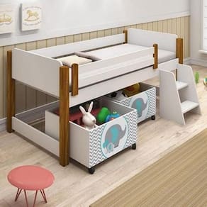 Cama Naty Branco/Mel Com 2 Nichos Adesivadas Filhote Verde E Escadinha