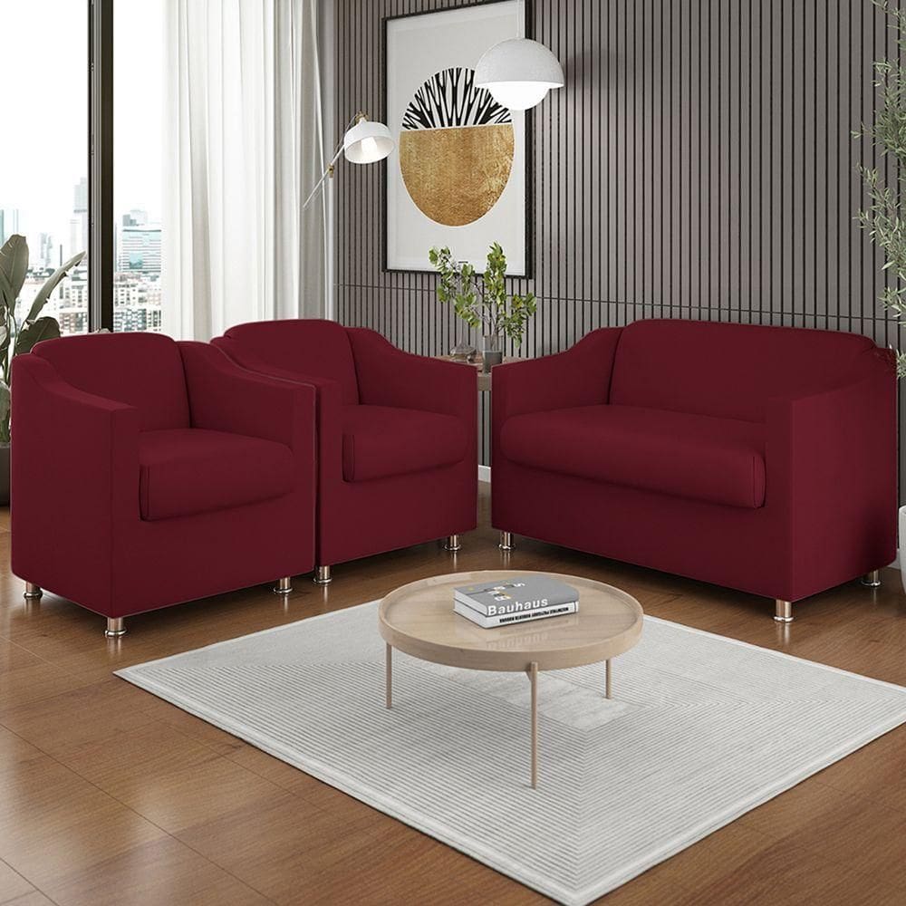 Kit 02 Poltronas Reforçada Clinica + Namoradeira Suede Tilla Cor:marsala