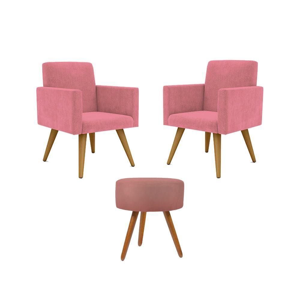 Kit 02 Poltronas Decorativas Pés Palito + 1 Puff Cor:rosa