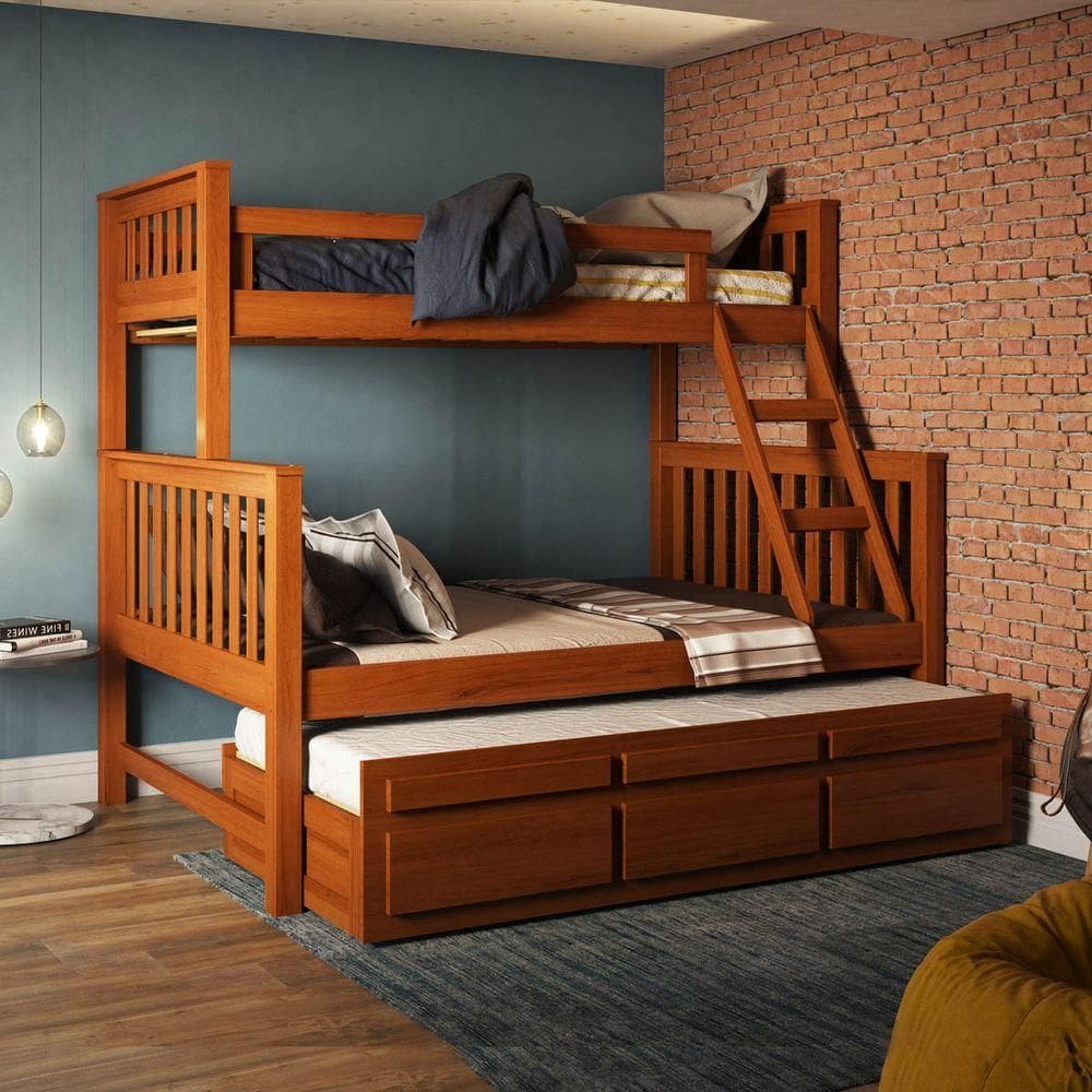 Treliche Com Cama De Casal Castanho Claro C/ Cama Auxiliar 3 Gavetas Madeira Pinus - Saraiva