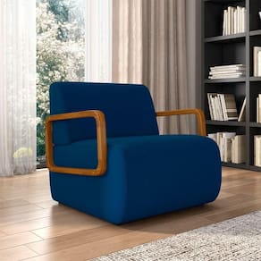 Poltrona Decorativa Sala De Estar Odessa Braços Em Madeira Veludo Azul G33