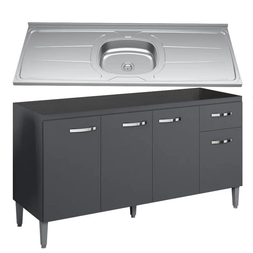 Balcão Gabinete Com Pia Inox 150cm 4 Portas E 1 Gaveta Gabriela Cinza - Ajl Móveis