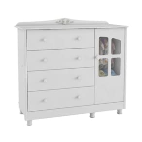 Cômoda De Bebê 1 Porta Com Janela E 4 Gavetas Elô New Móveis Peroba Branco Brilho Branco Brilho