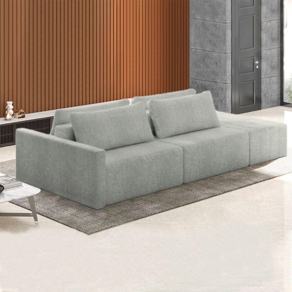 Sofá Ilha Modulado Milos 232cm Puff Lateral Bouclê Cinza G33 - Gran Belo