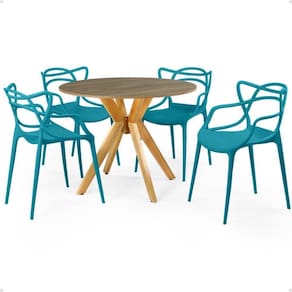Mesa De Jantar Redonda Marci Natural 4 Cadeiras Turquesa