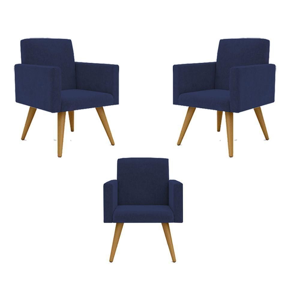 Kit 03 Poltronas Nina Decorativa Para Recepção Balaqui Decor Cor:azul-marinho
