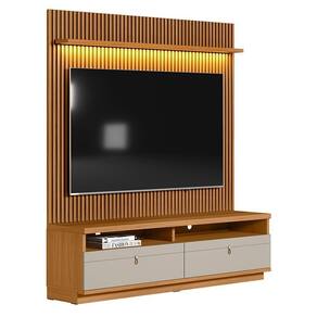 Painel Para Tv Até 75 Polegadas Ripado Betina Com Rack Nature E Off White 180x198 Cm L04 - D`rossi