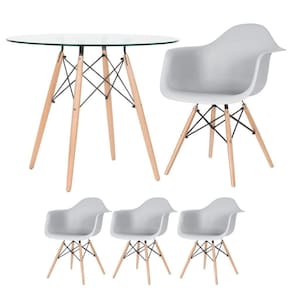 Mesa Redonda Tampo De Vidro 90 Cm + 3 Cadeiras Cinza Claro