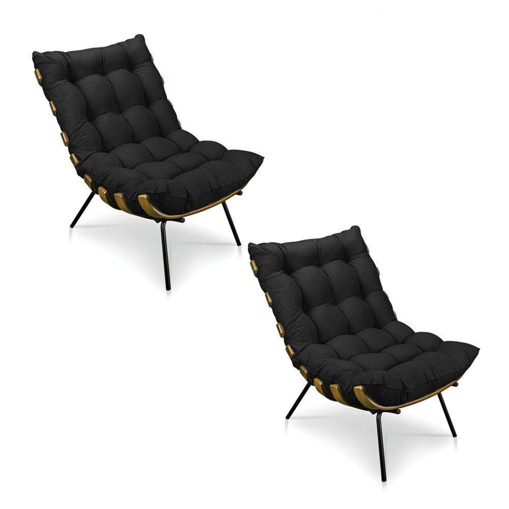 Kit 2 Poltronas Costela Veludo Preto Base Metálica Pallazio