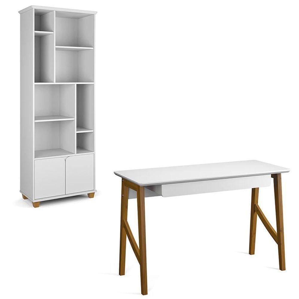 Conjunto De Escrivaninha Com 1 Gaveta E Livreiro Taurus Branco Branco