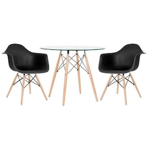 Mesa Redonda Tampo De Vidro 90 Cm + 2 Cadeiras Preto