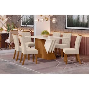 Sala De Jantar Completa Tampo Madeirado C- Vidro 160x90cm E 6 Cadeiras Nature-veludo Light Linho