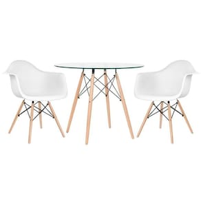 Mesa Redonda Tampo De Vidro 90 Cm + 2 Cadeiras Branco