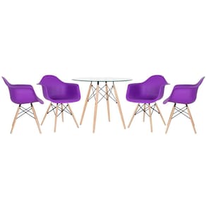 Mesa Redonda Tampo De Vidro 90 Cm + 4 Cadeiras Roxo