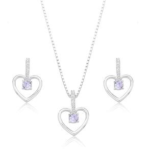 Conjunto Feminino Coração Merle Pedra Cravejado Em Prata 925