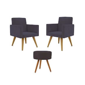 Kit 02 Poltronas Decorativas + Puff Decorativo Redondo Sala Cor:cinza