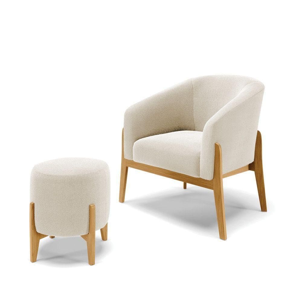 Kit 1 Poltrona E 1 Puff Stella Bouclê Base Madeira Castanho - D`rossi Cor Bege