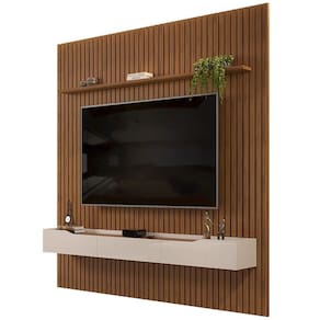 Painel Para Tv 75 Pol Ripado Com Bancada Suspensa 250x240cm Pratisk D04 Freijó-off White - Mpozenato