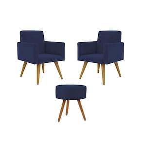 Kit 02 Poltronas Decorativas + Puff Decorativo Redondo Sala Cor:azul Marinho