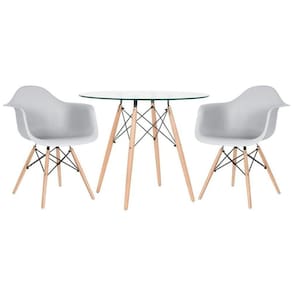 Mesa Redonda Tampo De Vidro 90 Cm + 2 Cadeiras Cinza Claro