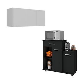Kit Armário De Cozinha 3 Portas Com Balcão Multiuso Multimóveis Mp2234 Branco-preto Branco-preto