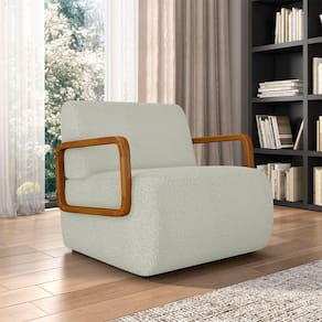 Poltrona Decorativa Sala De Estar Odessa Braços Em Madeira Bouclê Cinza Claro G33