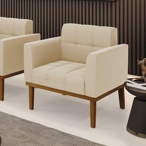Poltrona Decorativa Pés Fixo Em Madeira Castanho Suede Bege