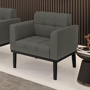 Poltrona Decorativa Pés Fixo Em Madeira Preto Linho Cinza Mesclado