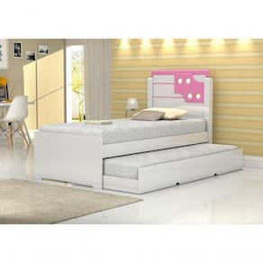 Cama De Solteiro Bibox Luiza Branco Com Rosa/ Com Auxiliar - Vitamov