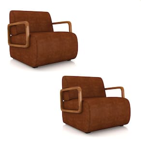 Poltrona Sala De Estar Braço De Madeira Kit 2 Hellen Sintético Pu Marrom K01 - D`rossi