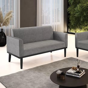 Poltrona Namoradeira Decorativa Pés Fixo Em Madeira Preto Linho Cinza Mesclado