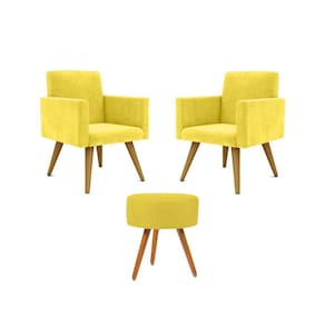 Kit 02 Poltronas Decorativas + Puff Decorativo Redondo Sala Cor:amarelo