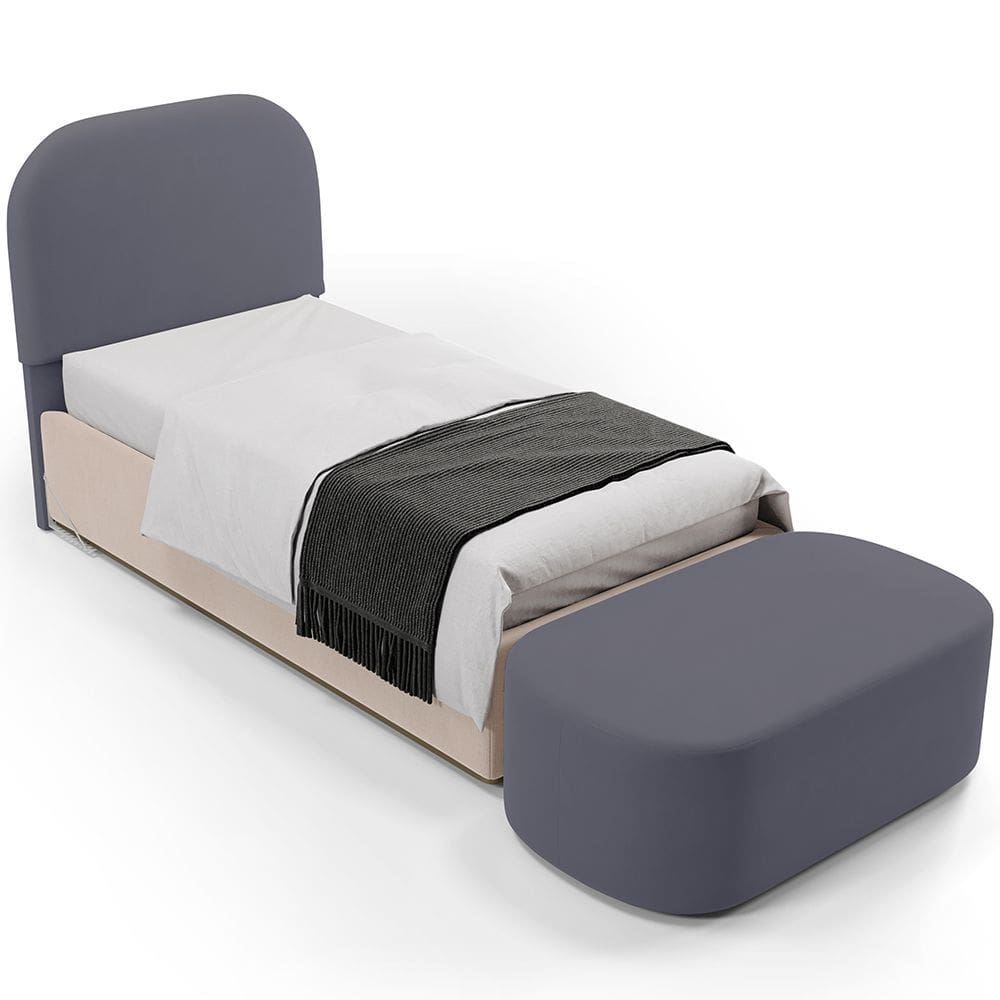 Cabeceira Cama Box 100cm Lanna com Puff Recamier Doha W01 Suede Cinza - Lyam Decor