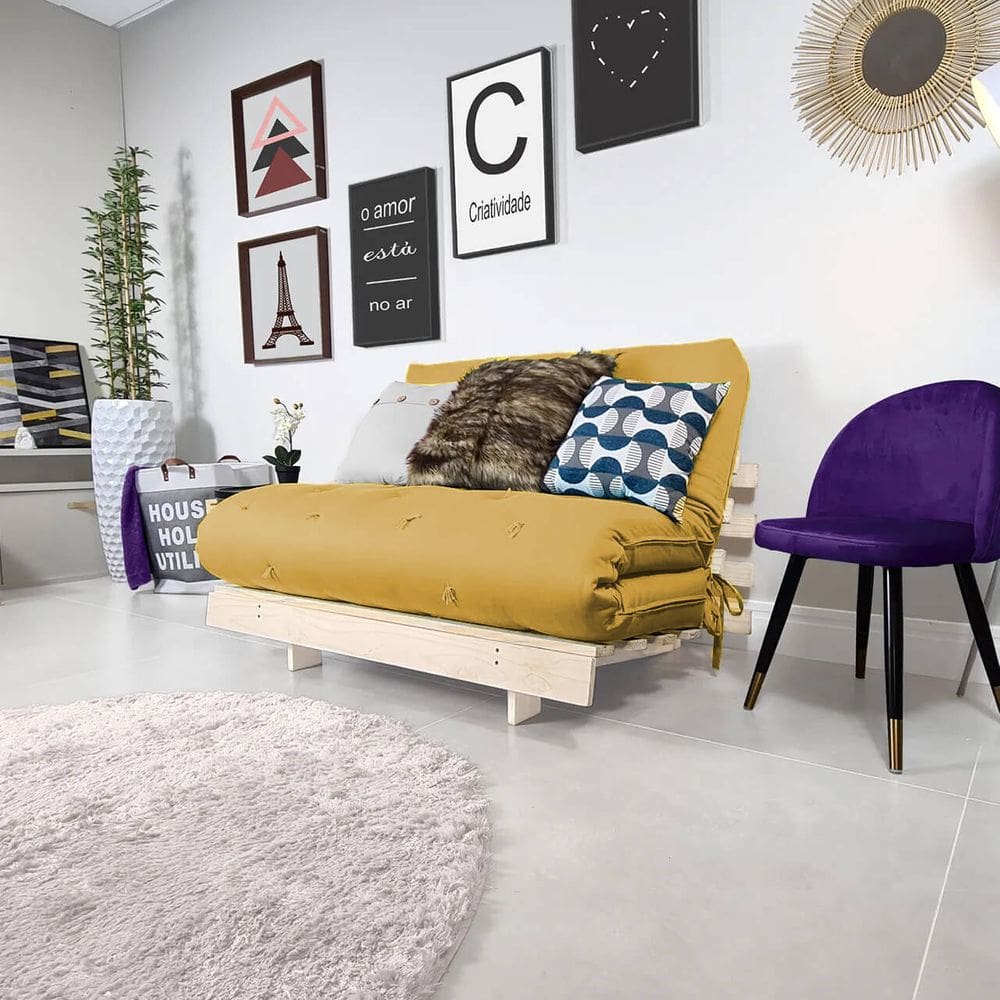 Futon Casal Tokio Sofa Cama Amarelo Acquablock Com Madeira Maciça